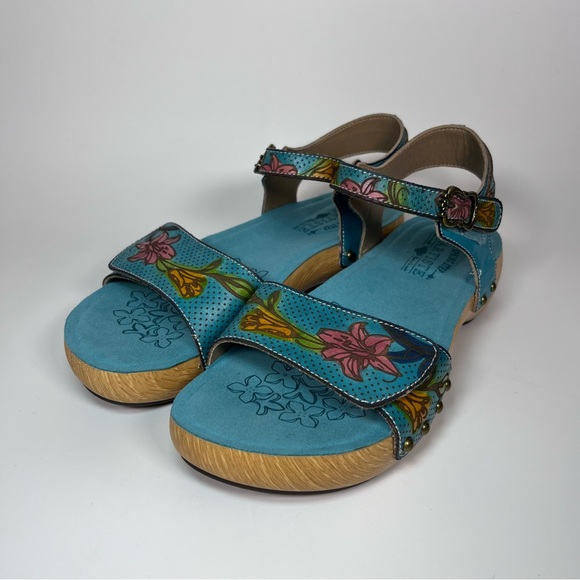 L'Artiste Spring Step Dakoa Sandal Platform Floral Wood Turquoise Women 9/40 EUC - Picture 1 of 12